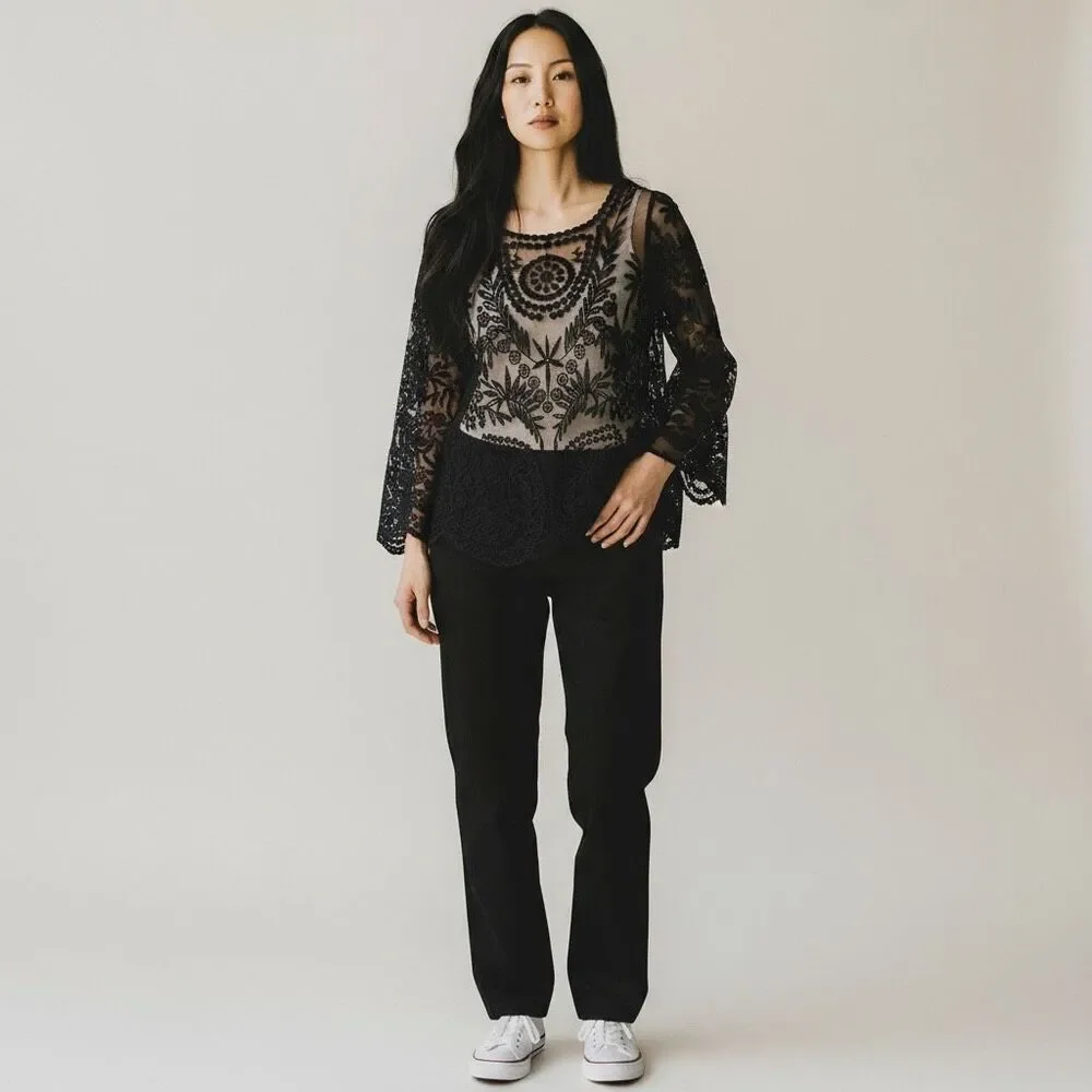 Simaier Solid Black Long Sleeve Sheer Round Neck Lace Floral Swim Coverup size M